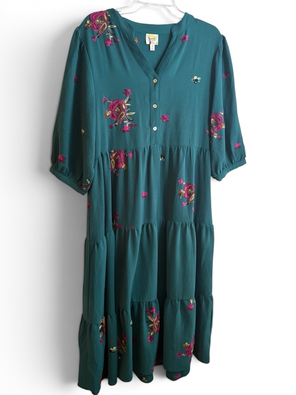 Fig & Flower Teal Tiered Dress with Floral Embroidery